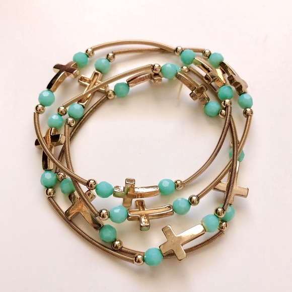 Jewelry - Cross and Turquoise Bead Stretch Bracelet Set of 4